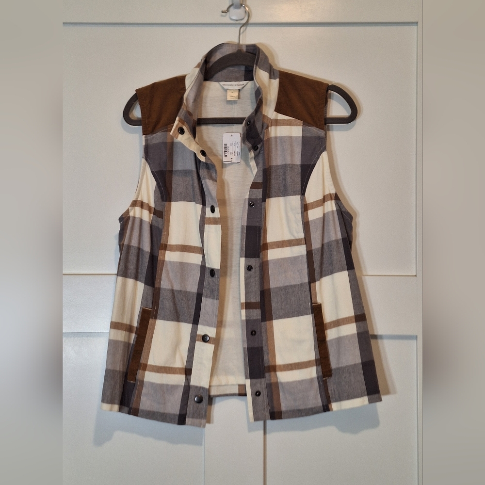 Christopher & Banks Cotton Plaid Snap Front Vest Gray Tan White New Size Medium